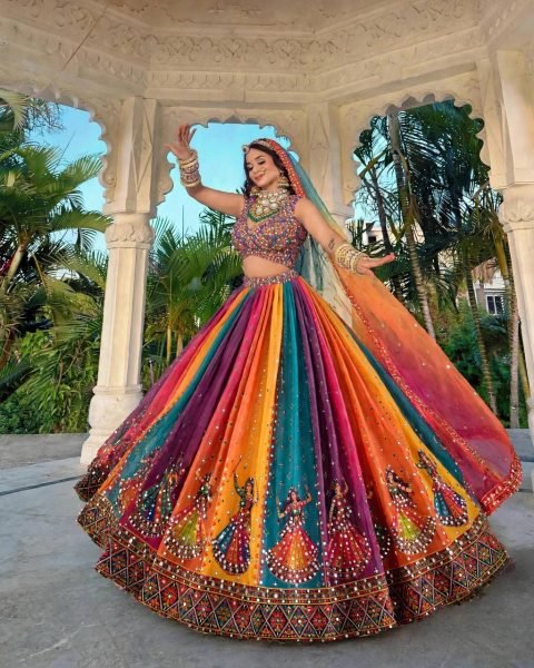 Muticolor Semi Stitched Star Georgette Navratri Lehenga with Canvas Patta for Navratri Navratri Lehnega Choli