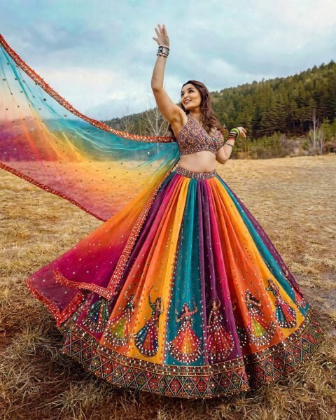 Muticolor Semi Stitched Star Georgette Navratri Lehenga with Canvas Patta for Navratri Navratri Lehnega Choli