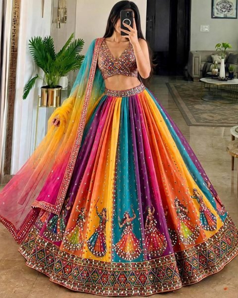 Muticolor Semi Stitched Star Georgette Navratri Lehenga with Canvas Patta for Navratri Navratri Lehnega Choli