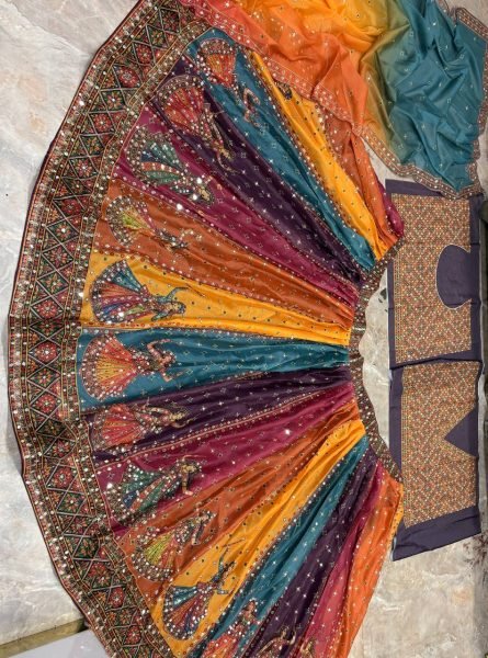 Muticolor Semi Stitched Star Georgette Navratri Lehenga with Canvas Patta for Navratri Navratri Lehnega Choli