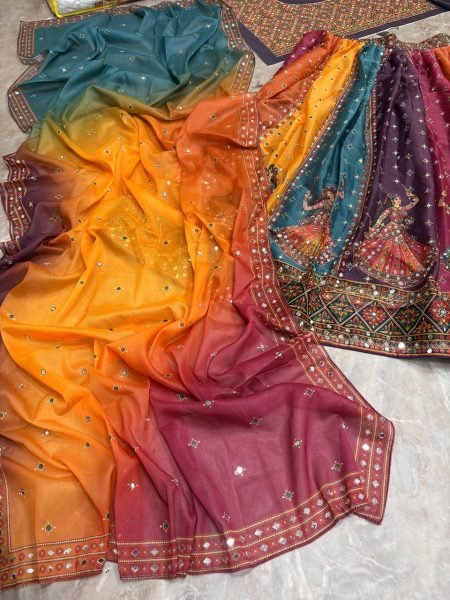 Muticolor Semi Stitched Star Georgette Navratri Lehenga with Canvas Patta for Navratri Navratri Lehnega Choli