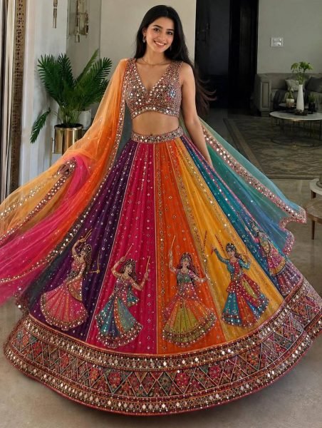 Muticolor Semi Stitched Star Georgette Navratri Lehenga with Canvas Patta for Navratri Navratri Lehnega Choli