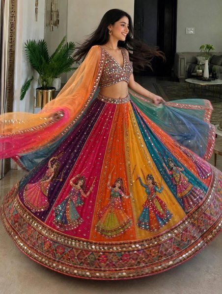 Muticolor Semi Stitched Star Georgette Navratri Lehenga with Canvas Patta for Navratri Navratri Lehnega Choli
