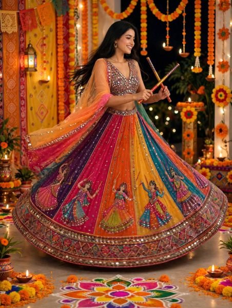 Muticolor Semi Stitched Star Georgette Navratri Lehenga with Canvas Patta for Navratri Navratri Lehnega Choli