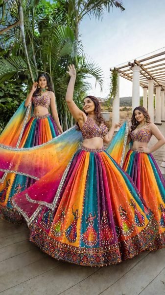 Muticolor Semi Stitched Star Georgette Navratri Lehenga with Canvas Patta for Navratri Navratri Lehnega Choli