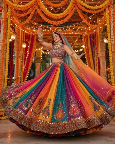 Muticolor Semi Stitched Star Georgette Navratri Lehenga with Canvas Patta for Navratri Navratri Lehnega Choli