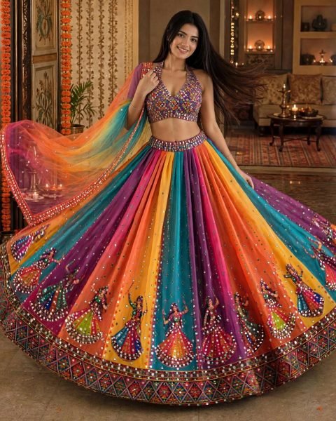 Muticolor Semi Stitched Star Georgette Navratri Lehenga with Canvas Patta for Navratri Navratri Lehnega Choli