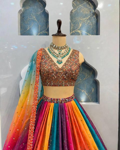 Muticolor Semi Stitched Star Georgette Navratri Lehenga with Canvas Patta for Navratri Navratri Lehnega Choli