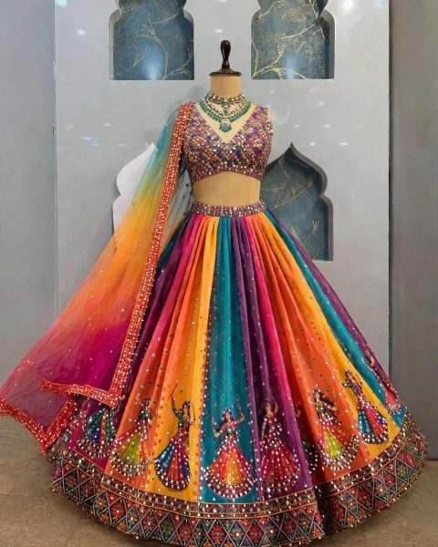 Muticolor Semi Stitched Star Georgette Navratri Lehenga with Canvas Patta for Navratri Navratri Lehnega Choli