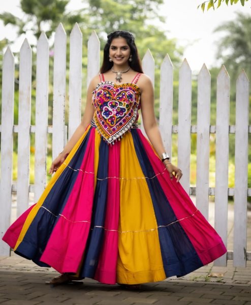 Mutli Color Pure Rayon Cotton Kutchi Work Lehenga Choli with Real Mirror Work for Navratri Navratri Lehnega Choli