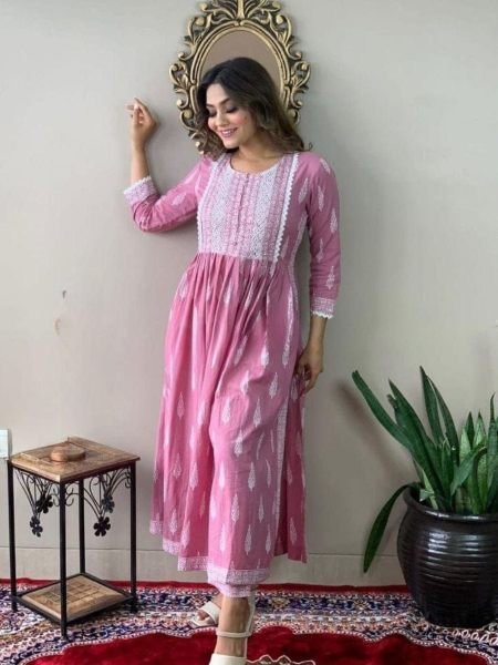 Naira Cut Rayon Embroidery Kurti Pant Set  