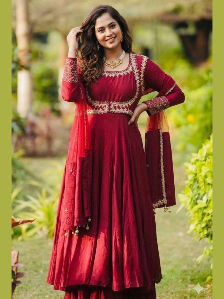 Natural Maroon Maxi Style Roman Cotton Anarkali with Embroidered Koti and Dual Fabric Dupatta Ready To Wear Suit