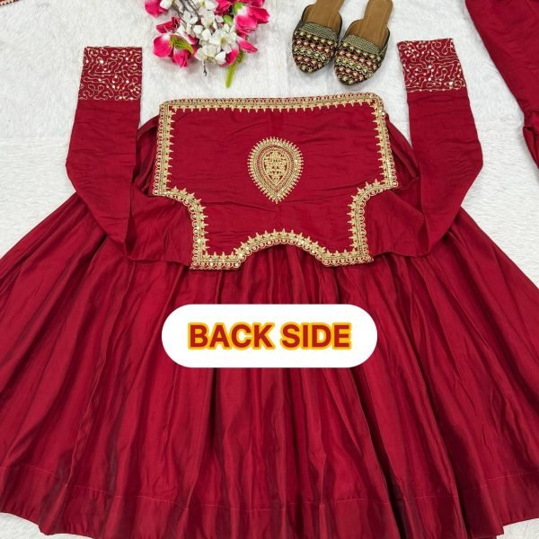 Natural Maroon Maxi Style Roman Cotton Anarkali with Embroidered Koti and Dual Fabric Dupatta Ready To Wear Collection