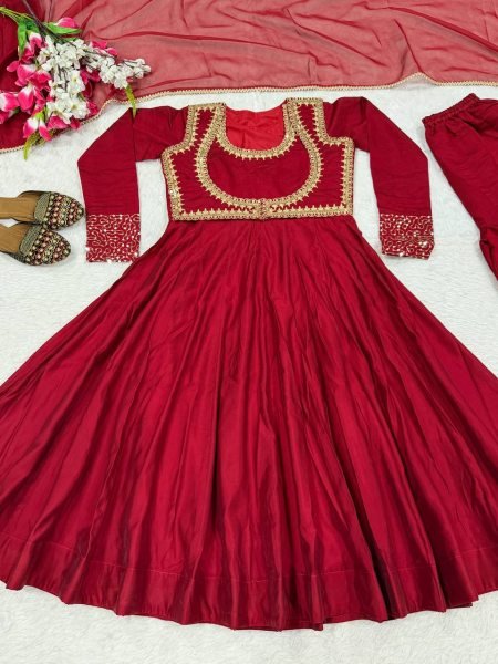 Natural Maroon Maxi Style Roman Cotton Anarkali with Embroidered Koti and Dual Fabric Dupatta Ready To Wear Collection