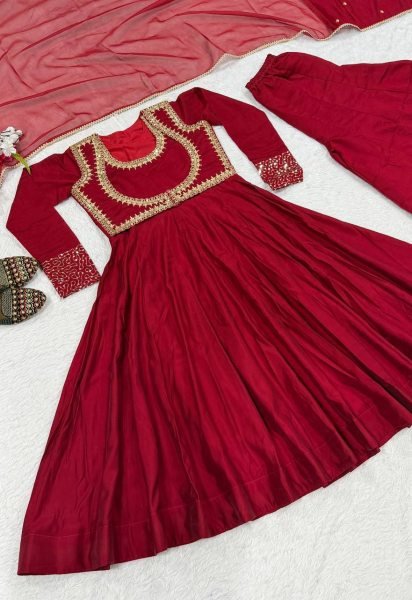 Natural Maroon Maxi Style Roman Cotton Anarkali with Embroidered Koti and Dual Fabric Dupatta Ready To Wear Collection