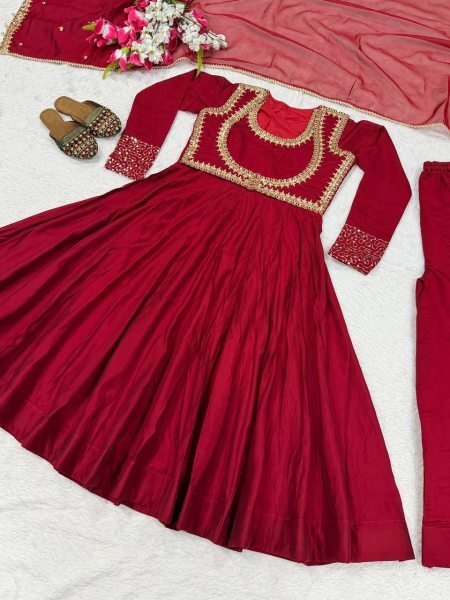Natural Maroon Maxi Style Roman Cotton Anarkali with Embroidered Koti and Dual Fabric Dupatta Ready To Wear Collection