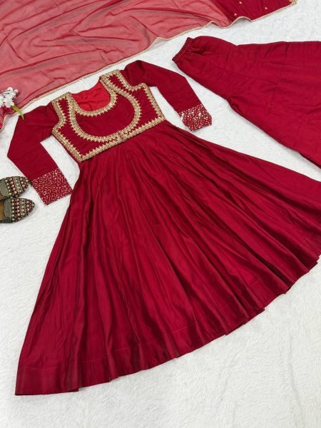 Natural Maroon Maxi Style Roman Cotton Anarkali with Embroidered Koti and Dual Fabric Dupatta Ready To Wear Collection