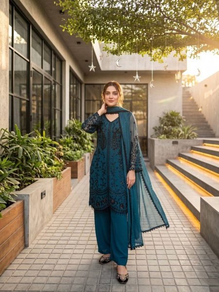 Natural Teal Faux Georgette Sequence Embroidered Top Bottom Set with Lace Dupatta Ready To Wear Suit