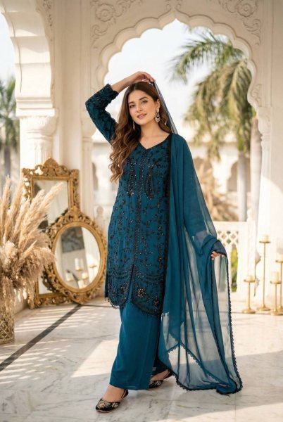 Natural Teal Faux Georgette Sequence Embroidered Top Bottom Set with Lace Dupatta Ready To Wear Collection