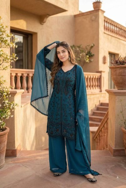 Natural Teal Faux Georgette Sequence Embroidered Top Bottom Set with Lace Dupatta Ready To Wear Collection