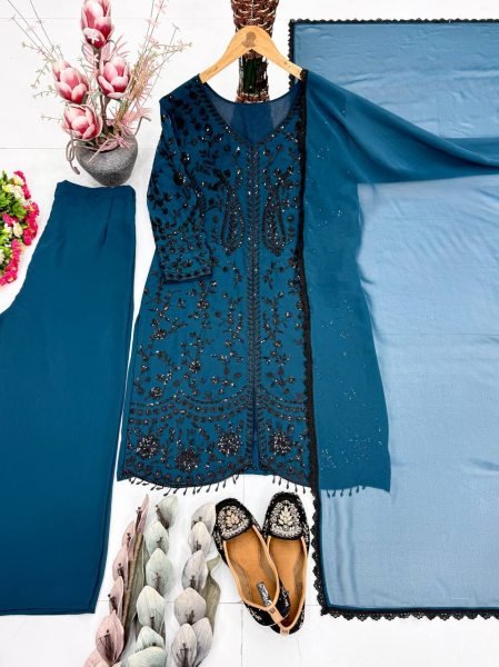 Natural Teal Faux Georgette Sequence Embroidered Top Bottom Set with Lace Dupatta Ready To Wear Collection