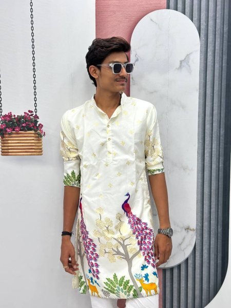 Nature-Inspired Printed Kurta in Soft Dola Silk Ideal for Day Functions Kurta Pajama Wholesale