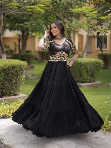 Navrati Festival Black Designer Marina Silk Kurti Pant Set with Multi Thread Embroidery Kurtis