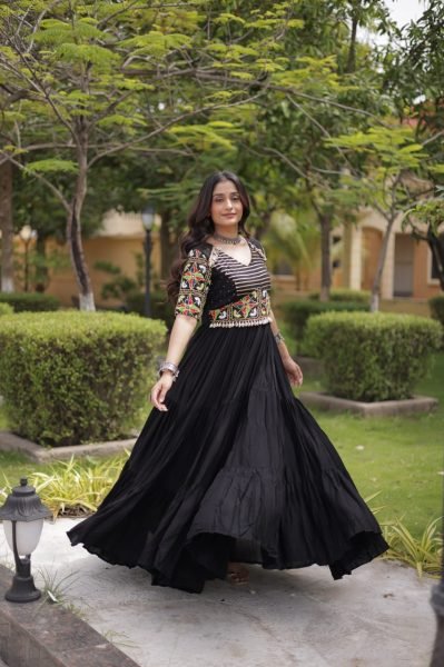 Navrati Festival Black Designer Marina Silk Kurti Pant Set with Multi Thread Embroidery Anarkali Kurtis 