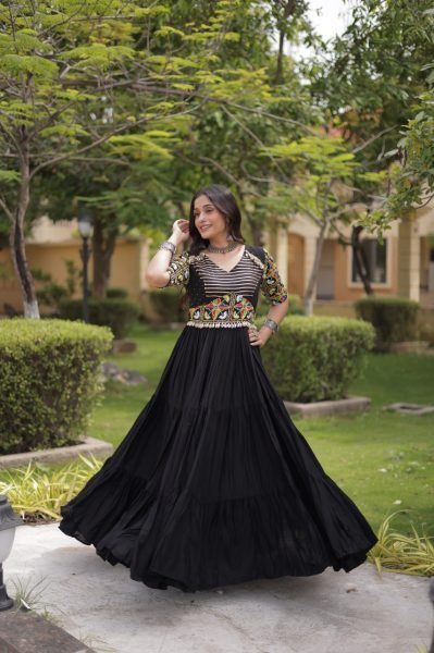 Navrati Festival Black Designer Marina Silk Kurti Pant Set with Multi Thread Embroidery Anarkali Kurtis 