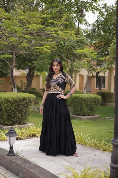 Navrati Festival Black Designer Marina Silk Kurti Pant Set with Multi Thread Embroidery Anarkali Kurtis 