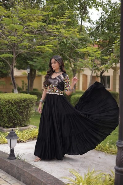 Navrati Festival Black Designer Marina Silk Kurti Pant Set with Multi Thread Embroidery Anarkali Kurtis 