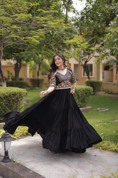 Navrati Festival Black Designer Marina Silk Kurti Pant Set with Multi Thread Embroidery Anarkali Kurtis 