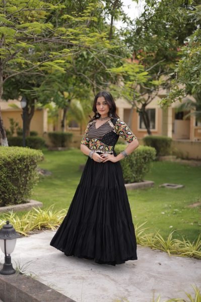 Navrati Festival Black Designer Marina Silk Kurti Pant Set with Multi Thread Embroidery Anarkali Kurtis 