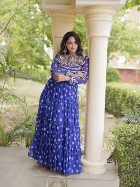 Navratri 2026 Blue Faux Georgette Bandhani Gown at Wholesale Rate 