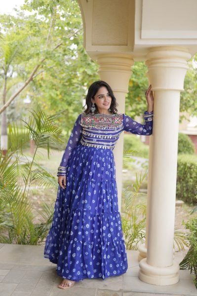 Navratri 2026 Blue Faux Georgette Bandhani Gown at Wholesale Rate Anarkali Kurtis 