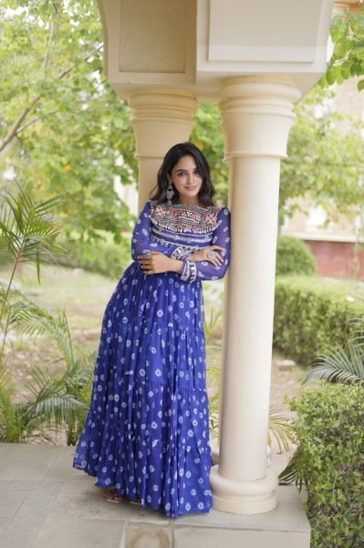 Navratri 2026 Blue Faux Georgette Bandhani Gown at Wholesale Rate Anarkali Kurtis 