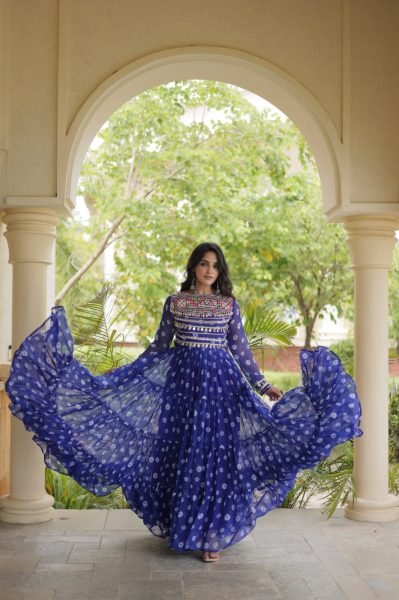 Navratri 2026 Blue Faux Georgette Bandhani Gown at Wholesale Rate Anarkali Kurtis 