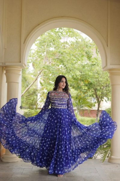 Navratri 2026 Blue Faux Georgette Bandhani Gown at Wholesale Rate Anarkali Kurtis 