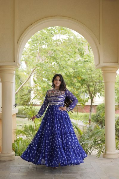 Navratri 2026 Blue Faux Georgette Bandhani Gown at Wholesale Rate Anarkali Kurtis 