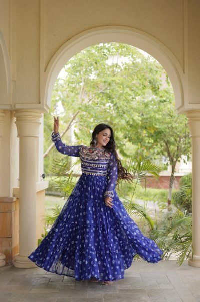 Navratri 2026 Blue Faux Georgette Bandhani Gown at Wholesale Rate Anarkali Kurtis 