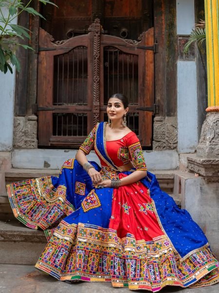 Navratri 2026 Red Blue Heavy Muslin Cotton Lehenga Choli with Mirror Work  Lehenga