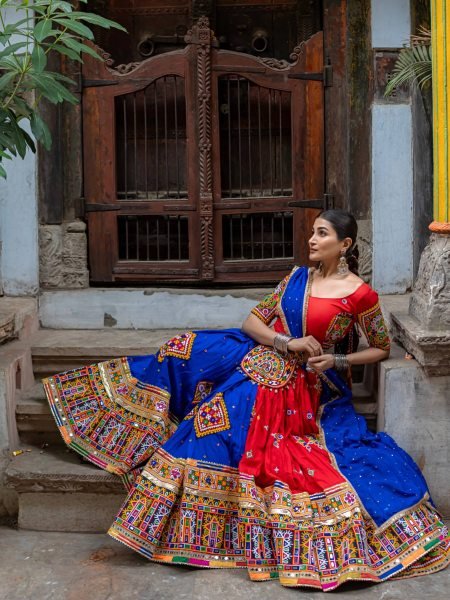 Navratri 2026 Red Blue Heavy Muslin Cotton Lehenga Choli with Mirror Work Navratri Lehnega Choli