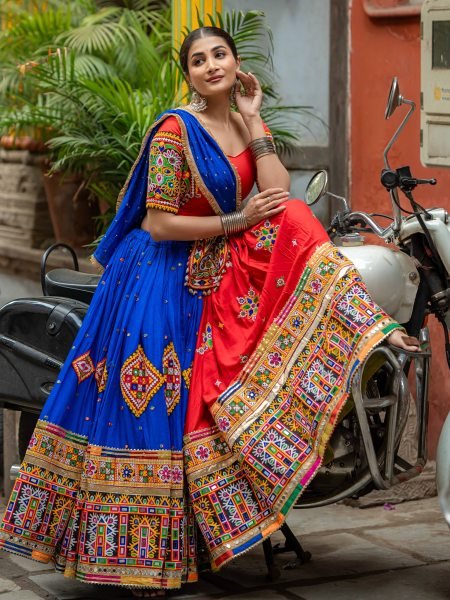 Navratri 2026 Red Blue Heavy Muslin Cotton Lehenga Choli with Mirror Work Navratri Lehnega Choli