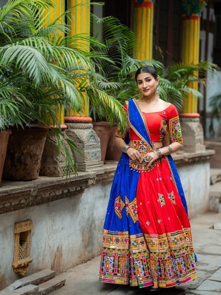Navratri 2026 Red Blue Heavy Muslin Cotton Lehenga Choli with Mirror Work Navratri Lehnega Choli