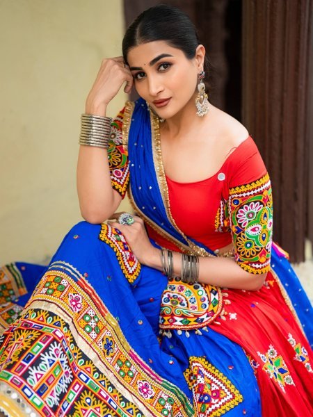 Navratri 2026 Red Blue Heavy Muslin Cotton Lehenga Choli with Mirror Work Navratri Lehnega Choli