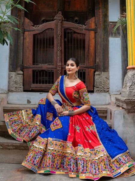 Navratri 2026 Red Blue Heavy Muslin Cotton Lehenga Choli with Mirror Work Navratri Lehnega Choli