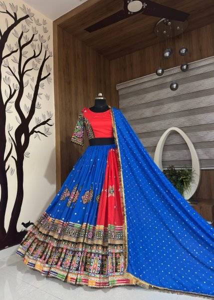Navratri 2026 Red Blue Heavy Muslin Cotton Lehenga Choli with Mirror Work Navratri Lehnega Choli