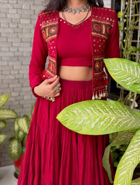 Navratri 2026 Red Cora Cotton Lehenga Choli with Real Mirror Work at Wholesale Rate Navratri Lehnega Choli