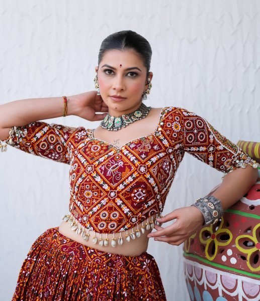 Navratri 2026 Red Heavy Muslin Cotton Lehenga Choli with Real Mirror Work for Garba Night Navratri Lehnega Choli