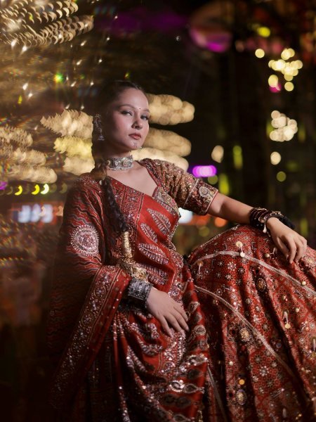 Navratri 2026 Red Heavy Muslin Cotton Lehenga Choli with Real Mirror Work Navratri Lehnega Choli